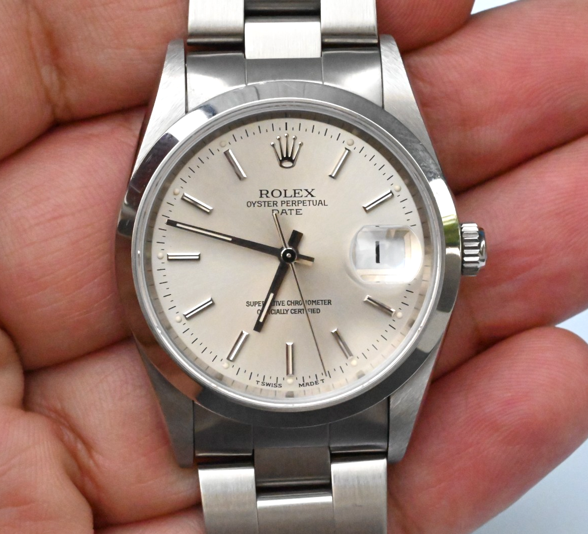 34mm Mid-1990s Rolex Oyster Perpetual Date Silver Dial Stainless Steel 152008