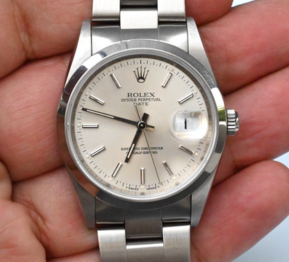 34mm Mid-1990s Rolex Oyster Perpetual Date Silver Dial Stainless Steel 152008