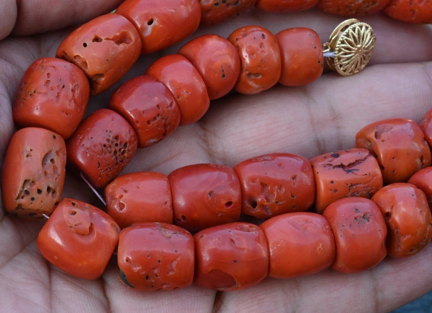 Large Natural Red Coral Barrel Beaded Necklace With 14K Clasp2