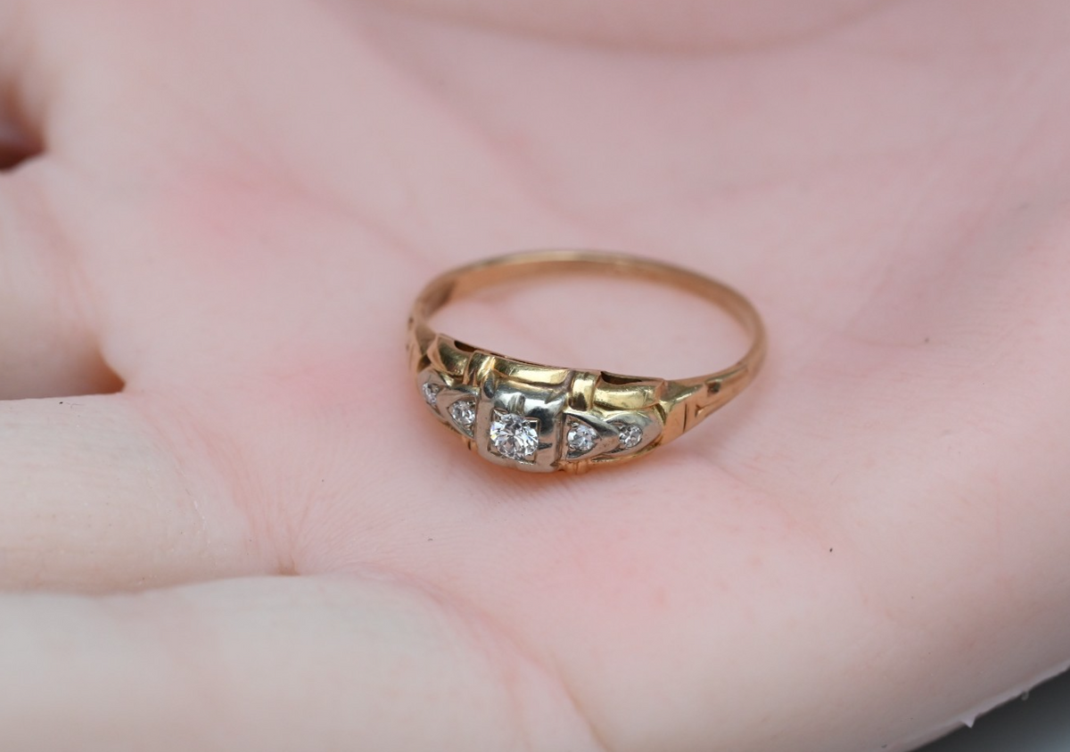 Awesome Antique Two Tone 14k Gold Art Deco Ring with Natural Round Diamonds0