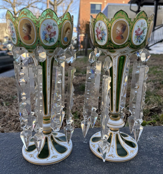Antique 19th C. Bohemian Moser Glass Emerald Green Enameled & Gilt Lustres0