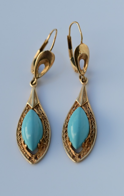 Antique Filigree Yellow Gold Drop Earrings Marquise-cut Blue Turquoise Cabochons1