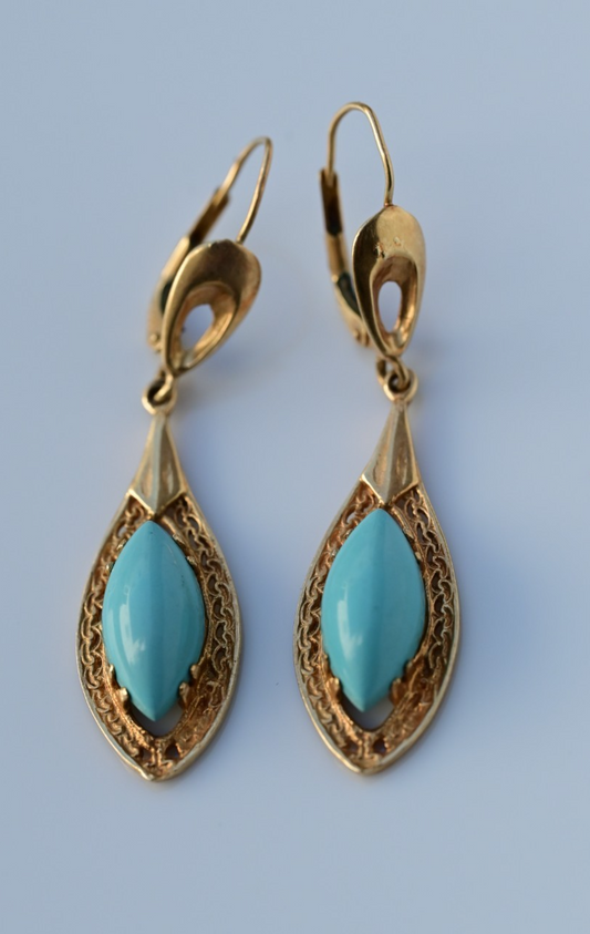 Antique Filigree Yellow Gold Drop Earrings Marquise-cut Blue Turquoise Cabochons1