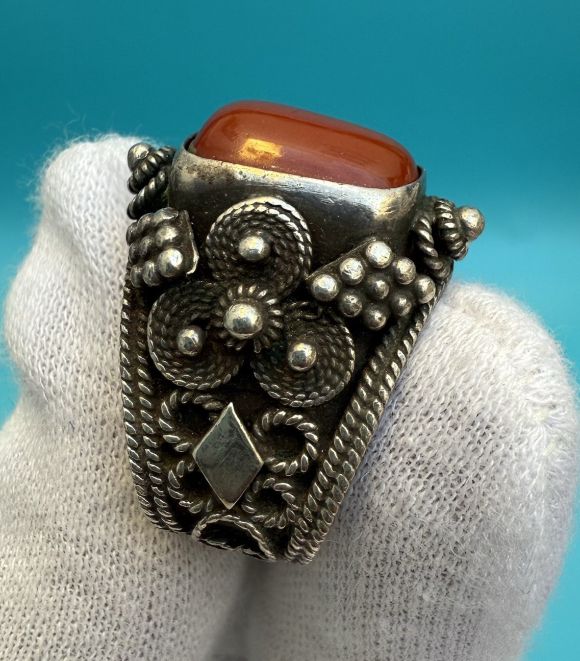 High Quality Tribal Fine Silver Ring w/ Red Carnelian Gemstone5