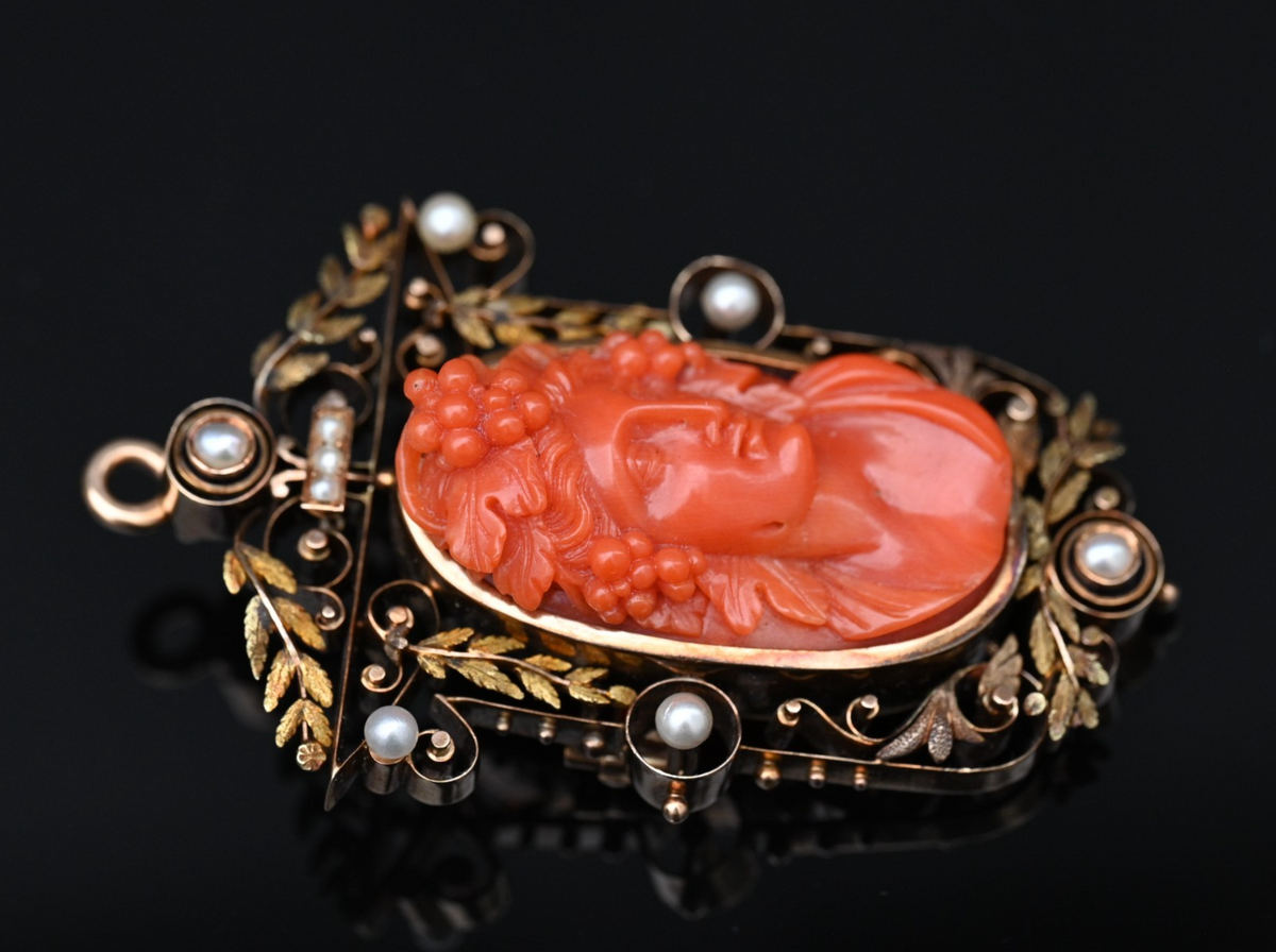 High Quality Antique 19th C. Victorian Period Carved Red Coral 14K Gold Pendant3