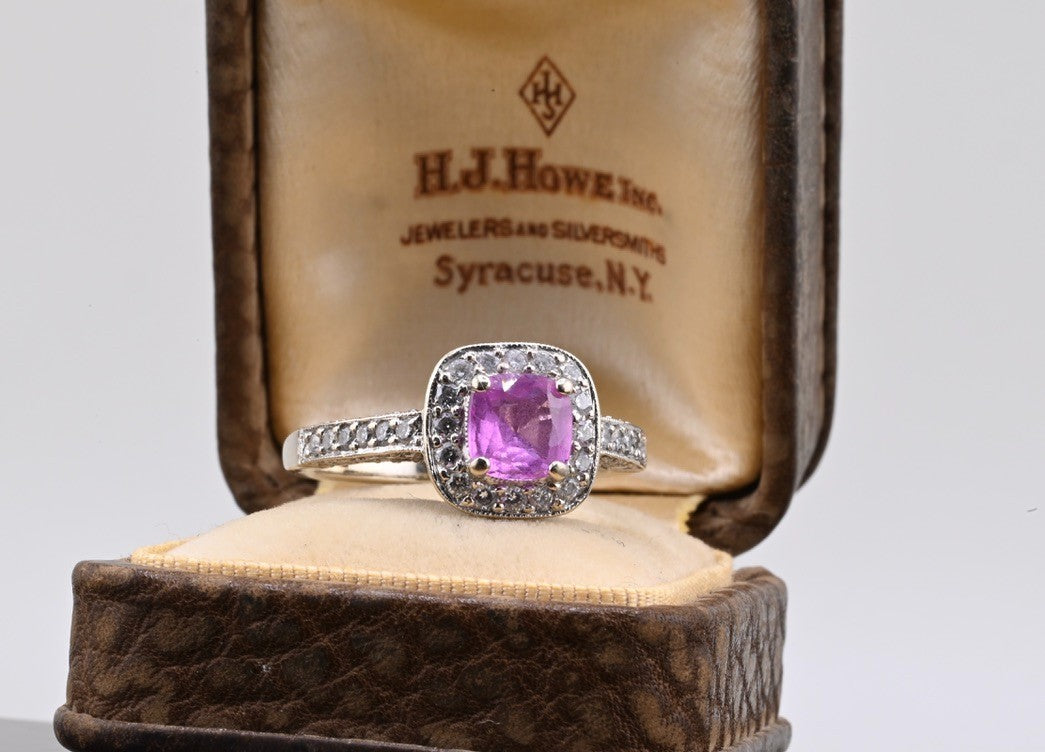 Vintage 1 ct Natural Pink Sapphire & Halo Diamond Ring 14K W  Gold IGI Certified2