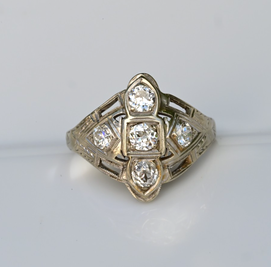 Exquisite Geometric Open Filigree Art Deco Old European Cut Diamond Cluster Ring7