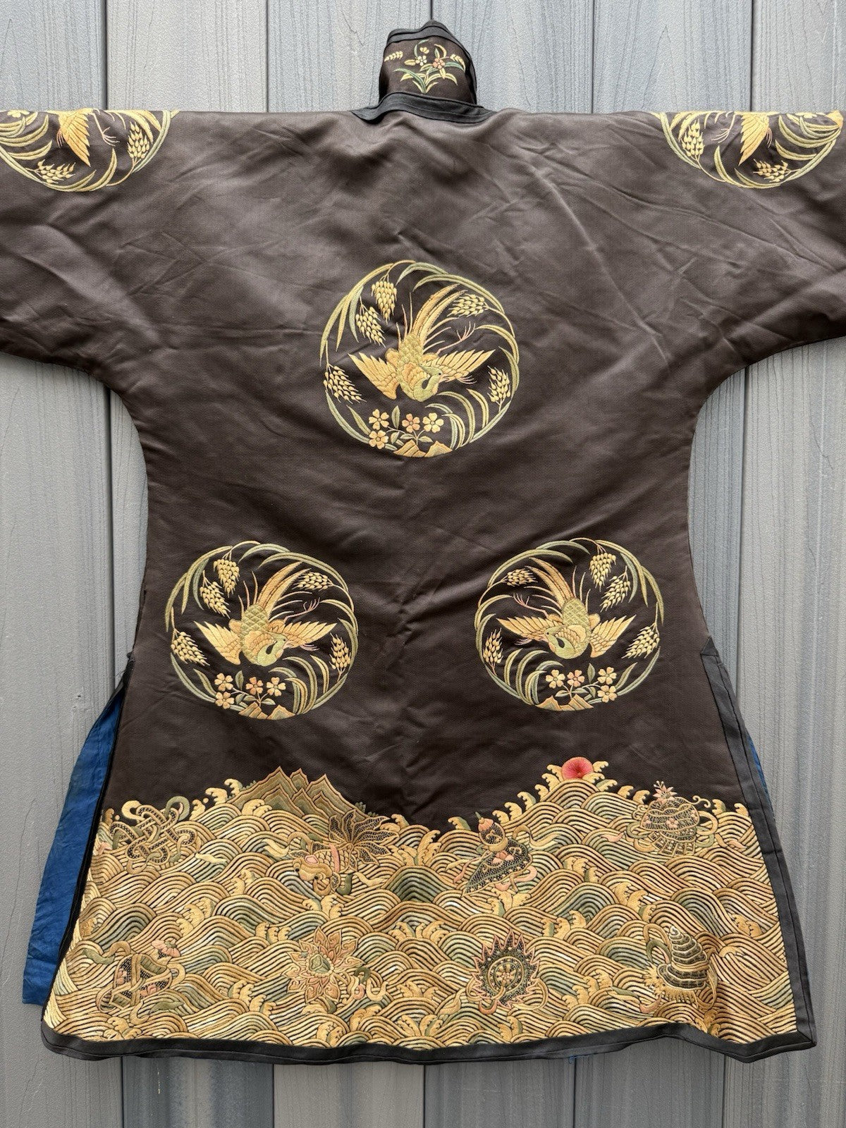 Early Antique Qing Dynasty Chinese Black Silk Embroidery Robe With Crane Birds9