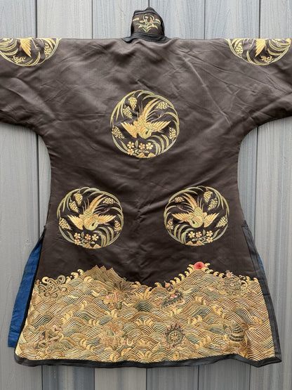 Early Antique Qing Dynasty Chinese Black Silk Embroidery Robe With Crane Birds9