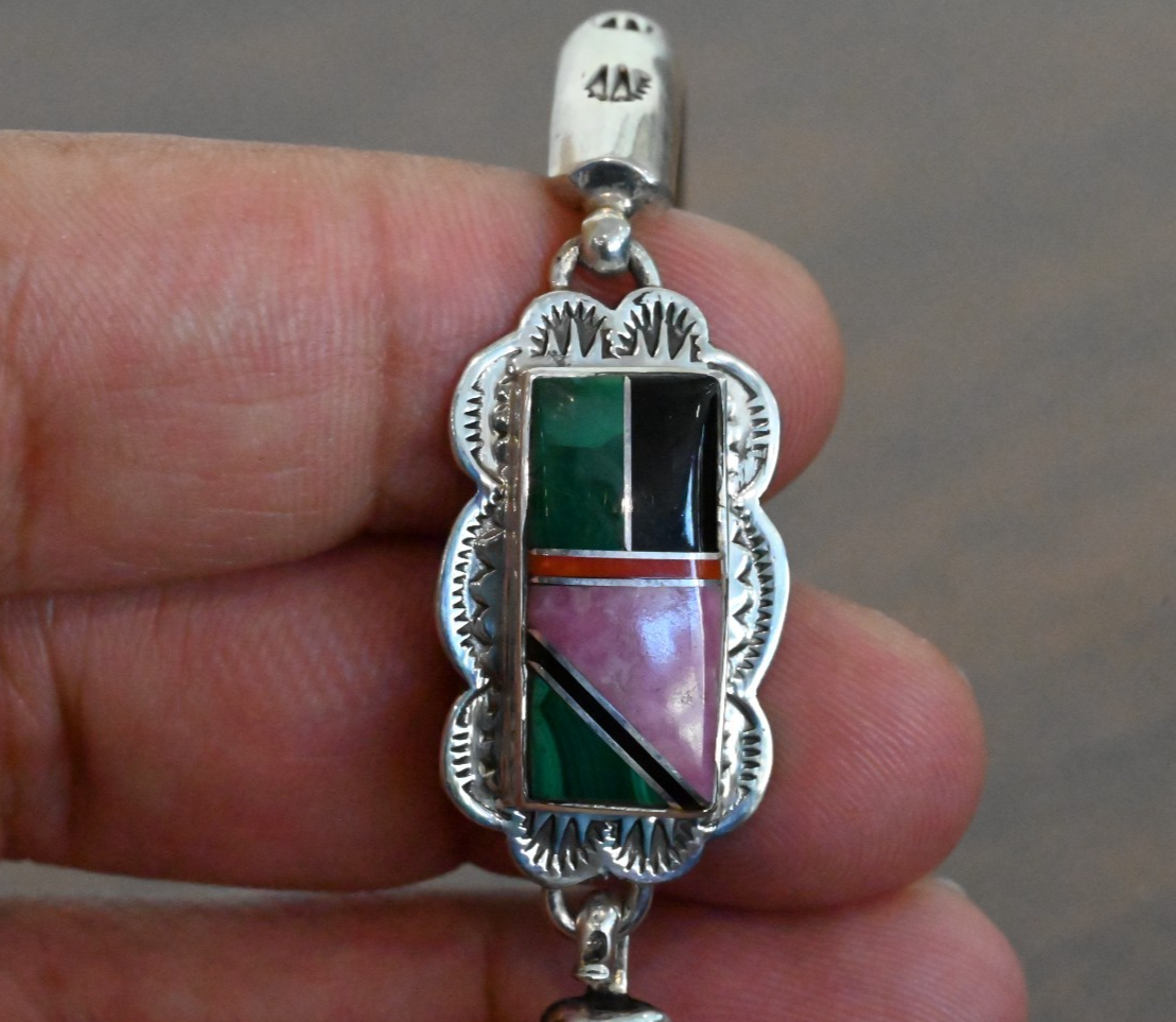 Vintage Native American Zuni Sterling Silver Mosaic Inlay Cuff by G. Howe6