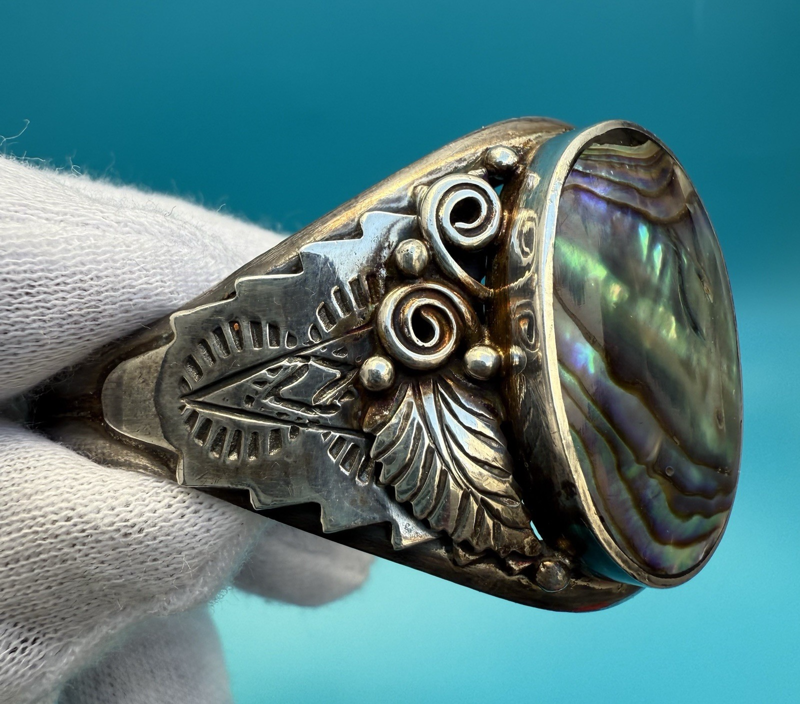 Attractive Sterling Silver Floral Abalone Shell Mother Of Pearl Cuff Bracelet 4