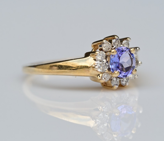 High Quality Natural Tanzanite with Halo of Diamonds set in 14K Yellow Gold Ring1