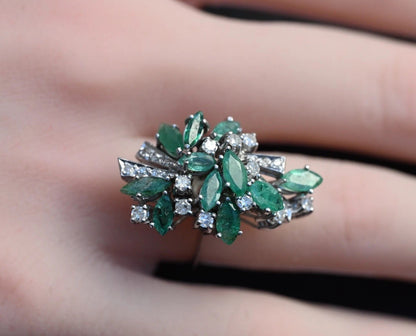 Gorgeous Natural Emerald & Diamond Cluster Party / Dinner Ring0