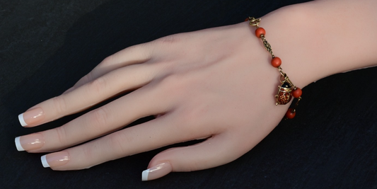 Antique / Vintage 14k Gold Natural Red Coral Beaded Charm Bracelet with Ladybug0