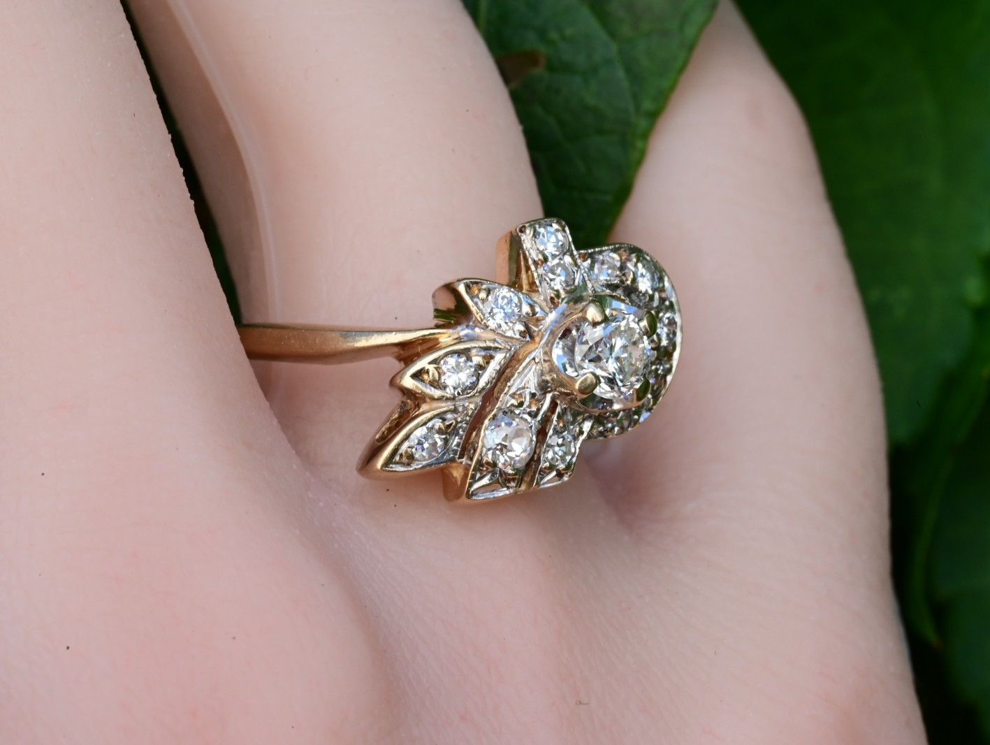 Floral Spray & Ribbon Cluster 14K Ring with Natural Antique Round-cut Diamonds4