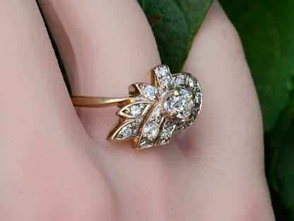 Floral Spray & Ribbon Cluster 14K Ring with Natural Antique Round-cut Diamonds4