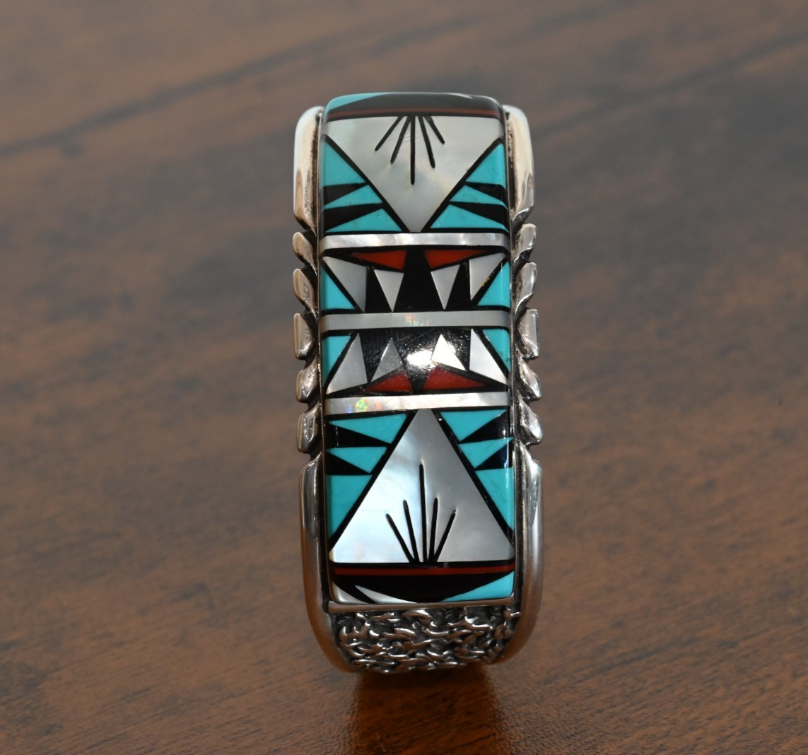 Vintage Native American Navajo Turquoise Mosaic Inlay Cuff by Tommy Jackson1