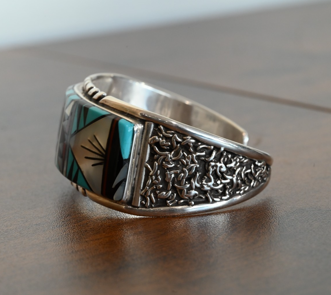 Vintage Native American Navajo Turquoise Mosaic Inlay Cuff by Tommy Jackson5