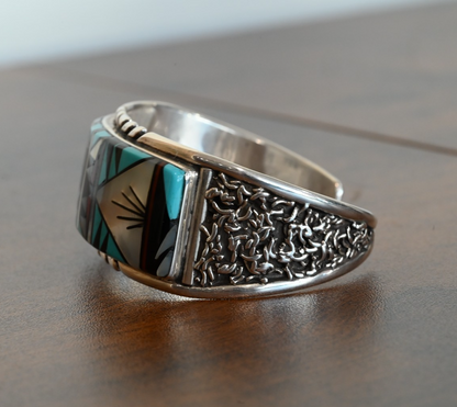 Vintage Native American Navajo Turquoise Mosaic Inlay Cuff by Tommy Jackson5