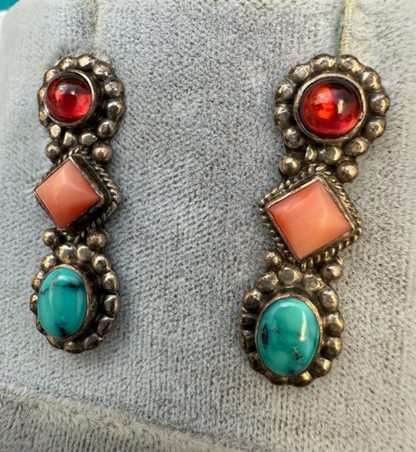 Pair of Native American-style Dangle Earrings with Turquoise and Coral Gems3