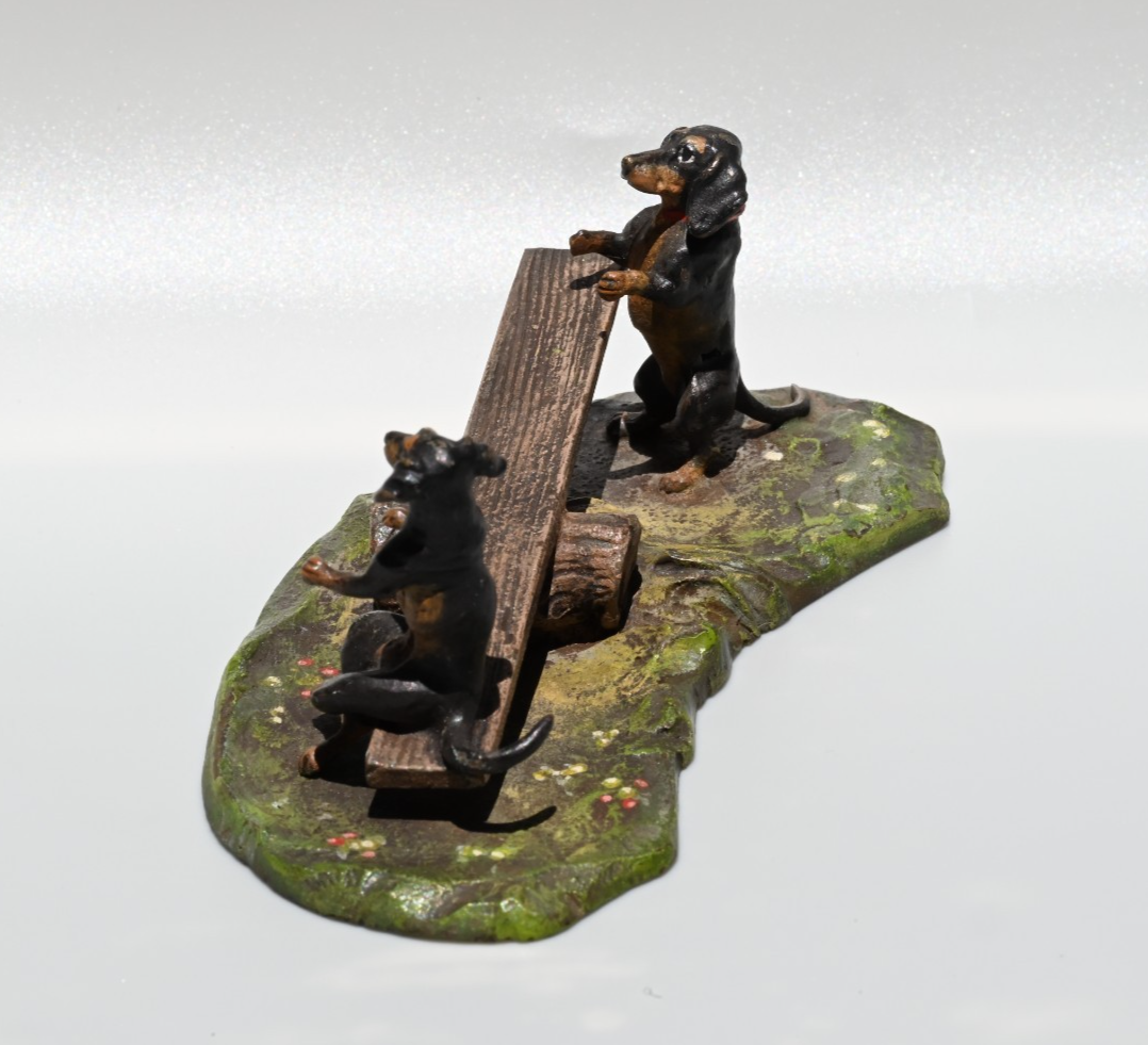 Vintage Austrian Vienna Cold Painted Bronze of Dachshund Dogs Playing Seesaw4