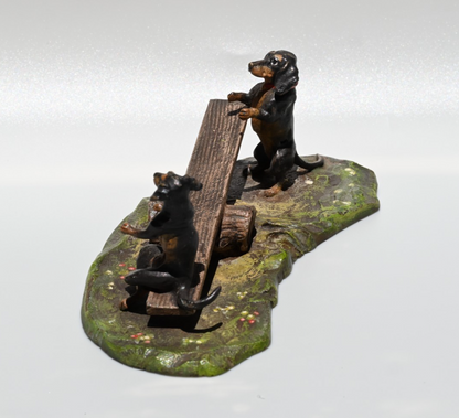 Vintage Austrian Vienna Cold Painted Bronze of Dachshund Dogs Playing Seesaw4