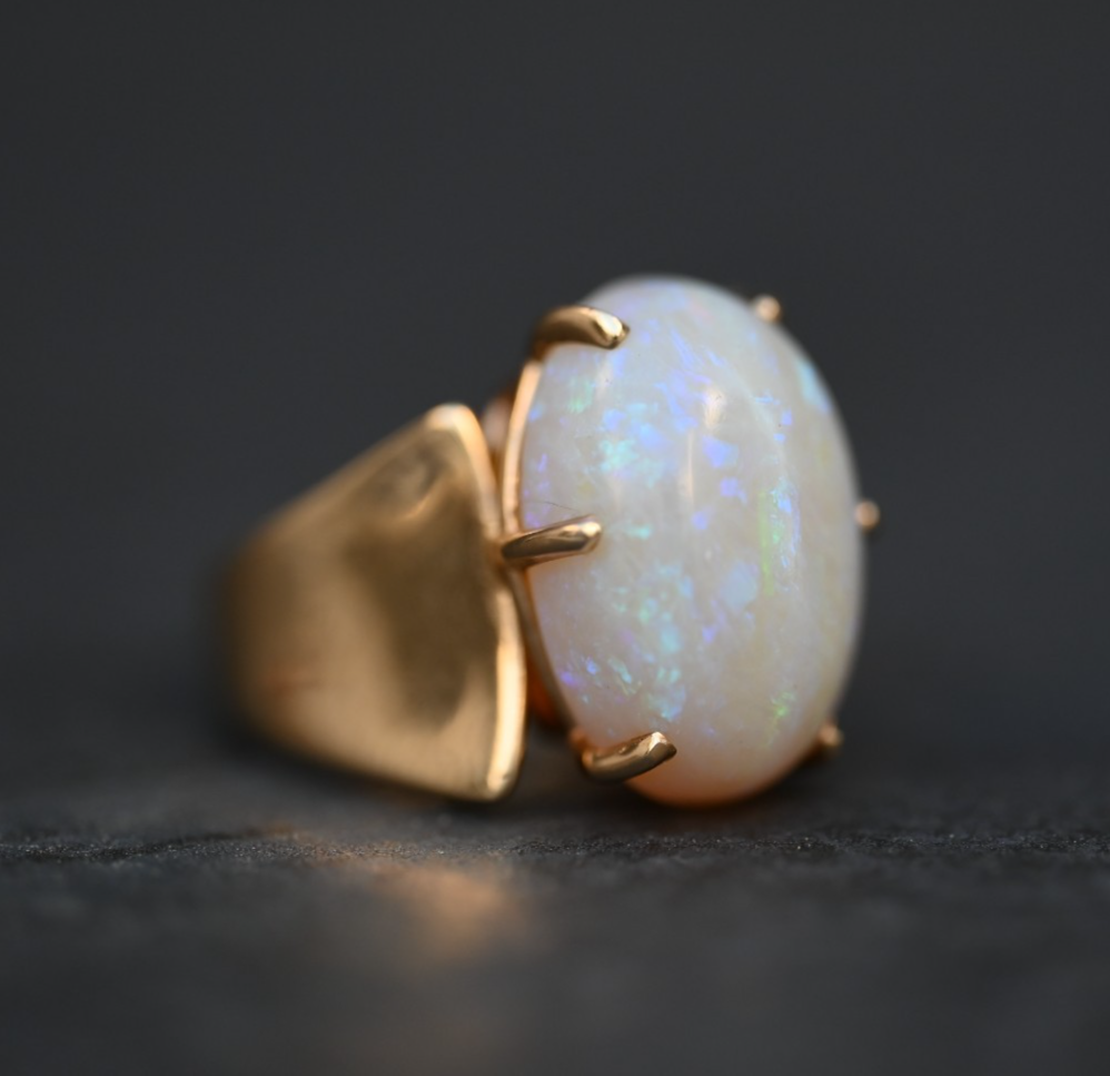 Gorgeous  Vintage Large Natural Opal Cabochon Ring Set in 14K Yellow Gold1