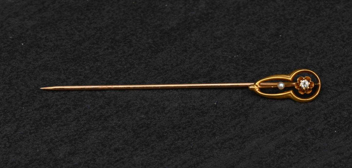 Antique 14K YG Stick Pin Ornate Head Accented with Diamond & Pearl0