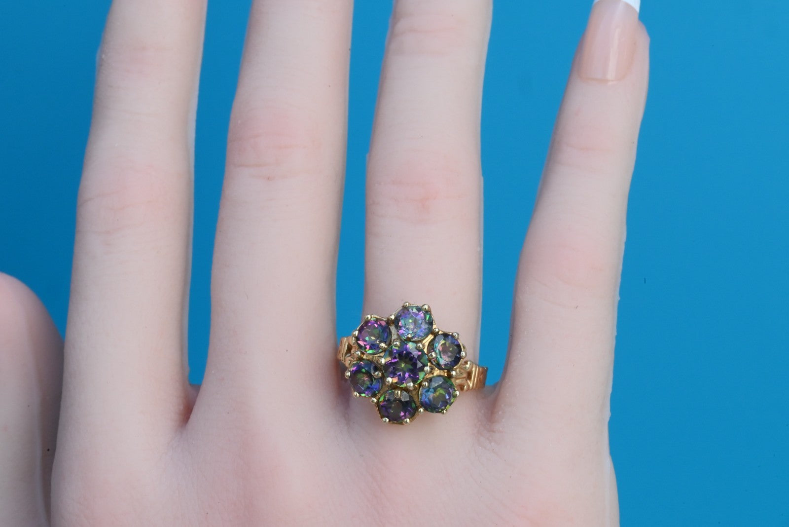 Gorgeous Mystic Fire Topaz Gemstone Floral Design 10K Yellow Gold Ring4