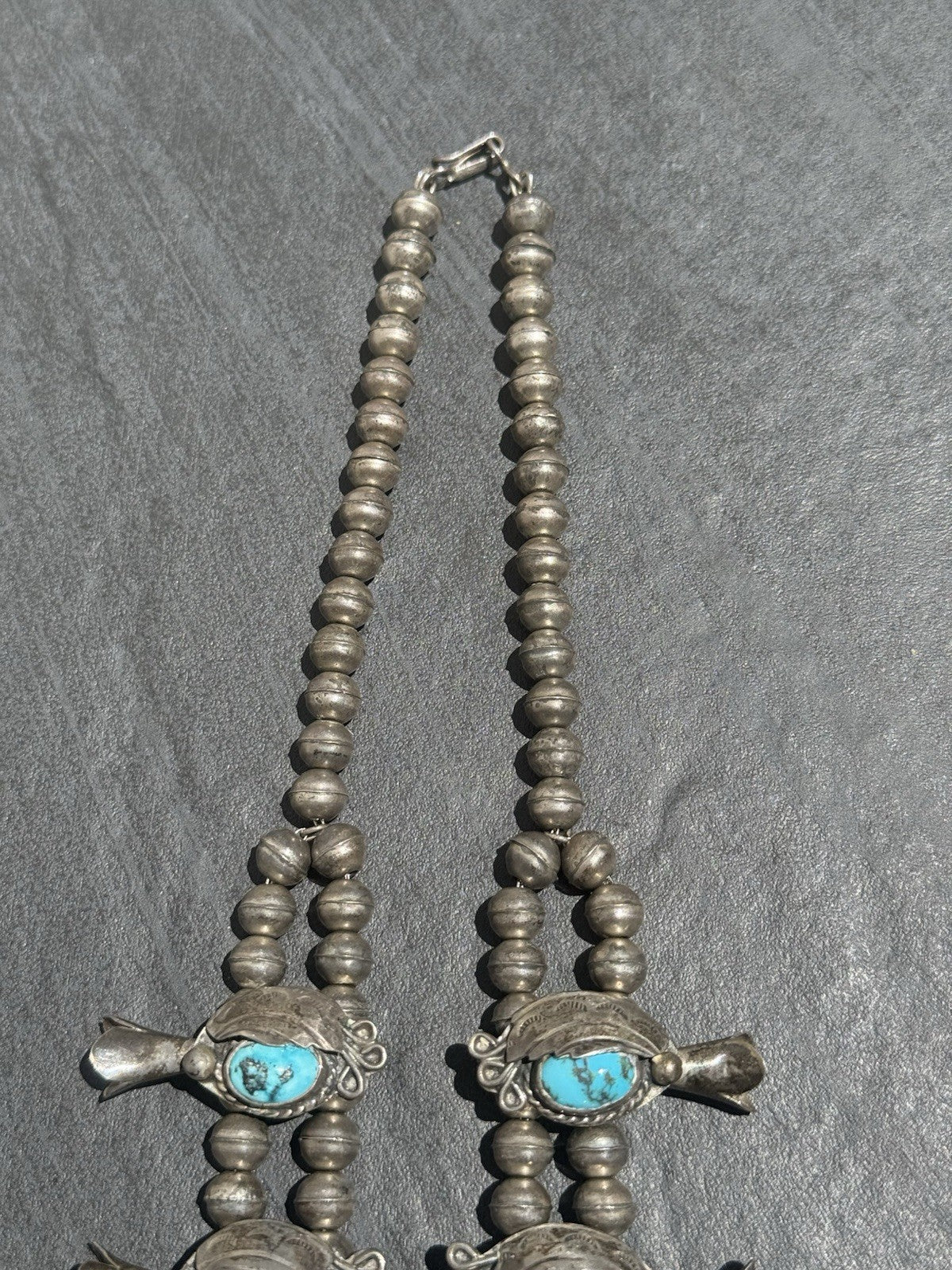 Early Native American Blue Turquoise & Sterling Silver Squash Blossom Necklace5