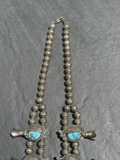 Early Native American Blue Turquoise & Sterling Silver Squash Blossom Necklace5