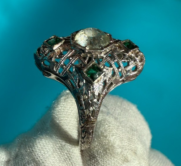 Wonderful Antique Art Deco Period 14k - 18k White Gold Ring W/ Glass Diamond6