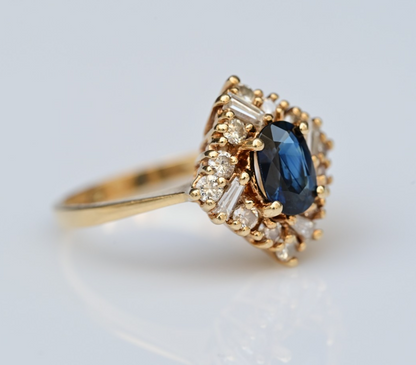 Gorgeous 14K Gold Ring with Natural Sapphire Center & Halo of Diamonds IGI Cert2