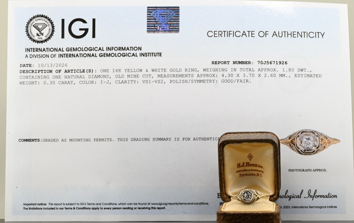 Elegant Antique 14K Bi Color Gold Ring w/ .30 ct Old Mine Cut Diamond IGI Cert10