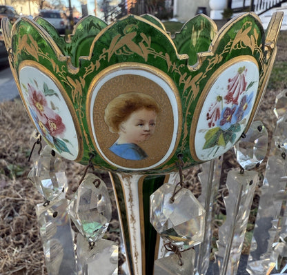 Antique 19th C. Bohemian Moser Glass Emerald Green Enameled & Gilt Lustres6