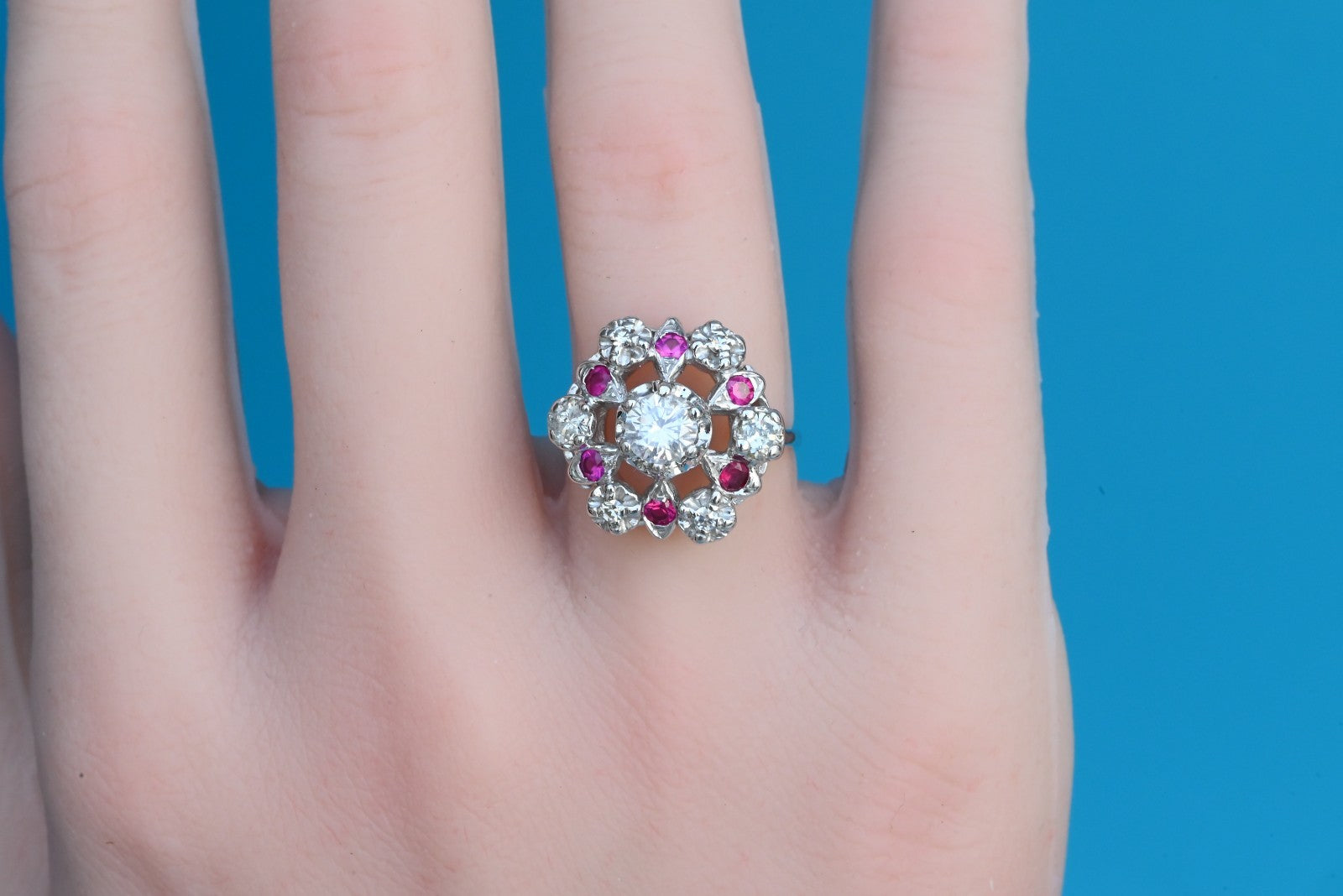 Stunning 14K White Gold .50ct Diamond Ring with Floral Halo of Rubies & Diamonds2