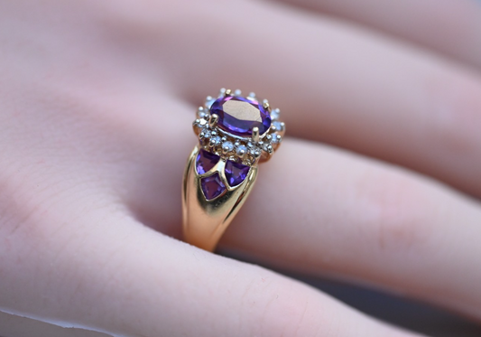Gorgeous 14k Vintage-style Amethyst Cluster Cocktail Ring with Halo of Diamonds0