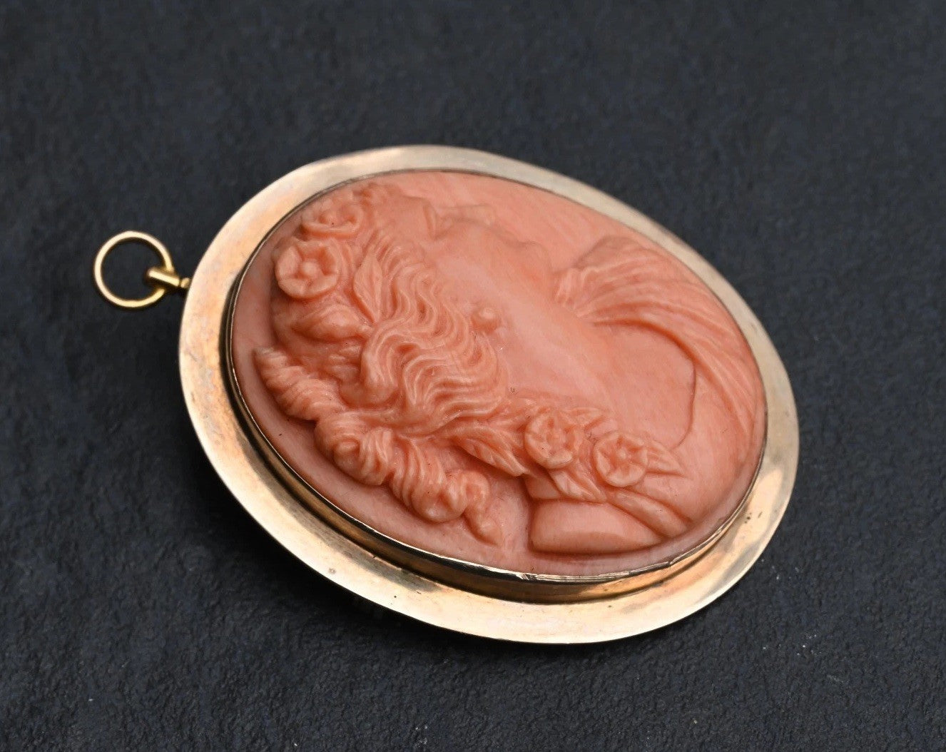 Gorgeous Antique Hand Carved Natural Coral Cameo Pendant In 12K Yellow Gold2