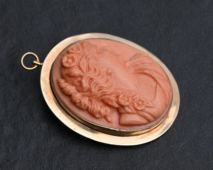 Gorgeous Antique Hand Carved Natural Coral Cameo Pendant In 12K Yellow Gold2