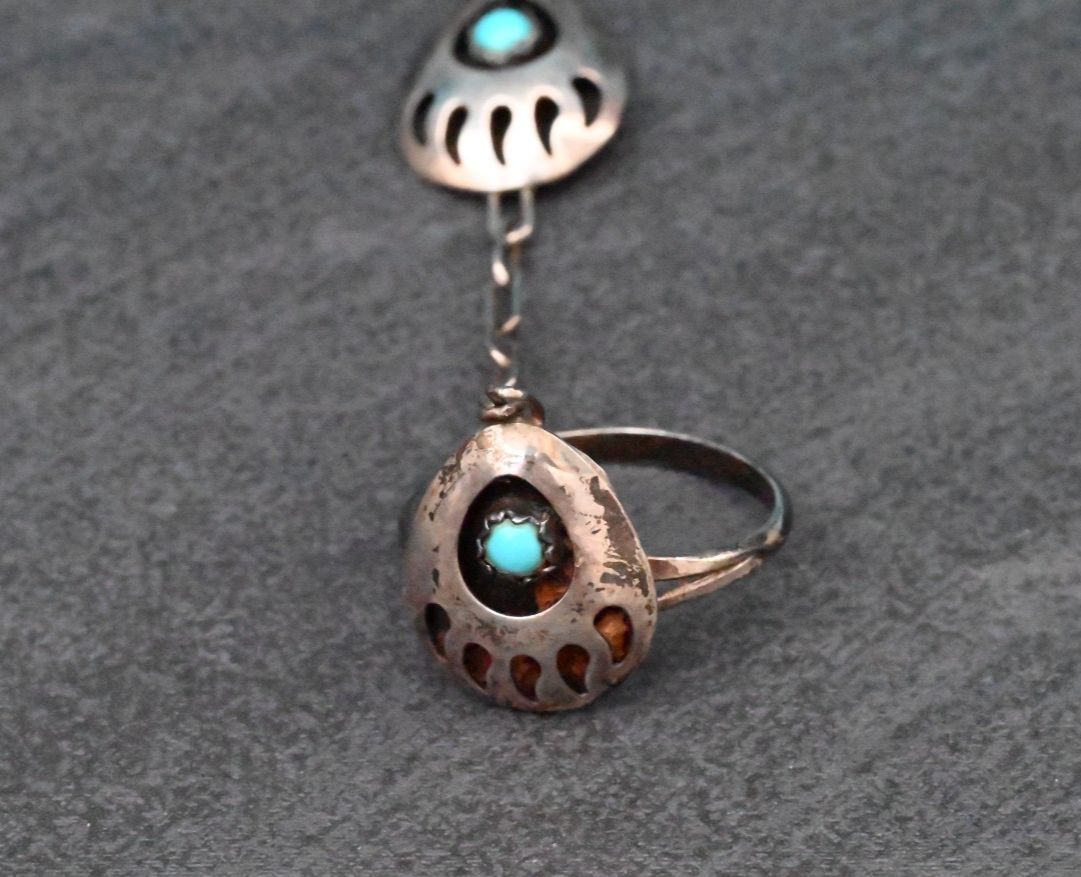 Early Vintage Southwestern Slave Bracelet with Turquoise Gems Bearpaw Motif1