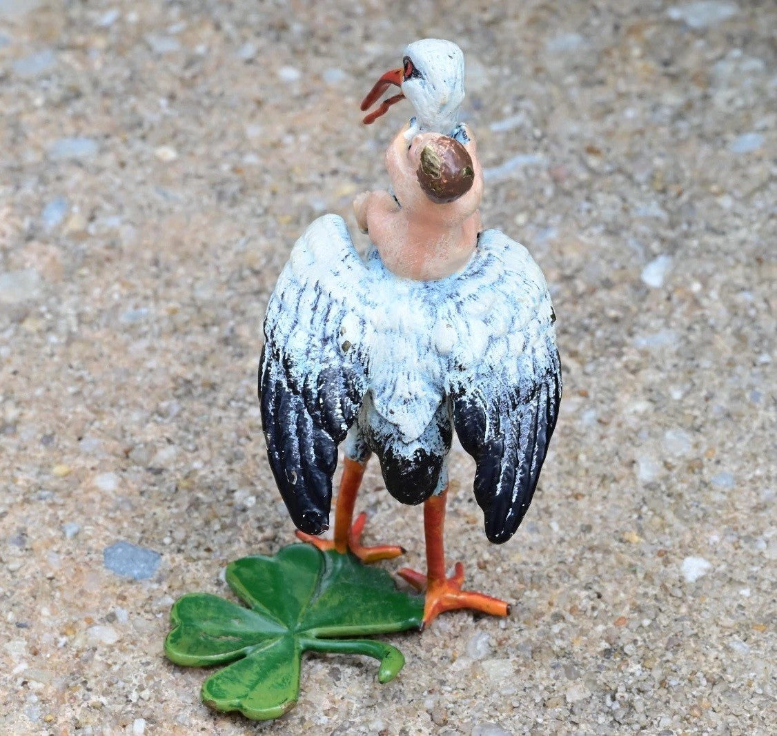 Rare Austrian Vienna Cold Painted Bronze Stork With Baby & Four Leaf Clover9