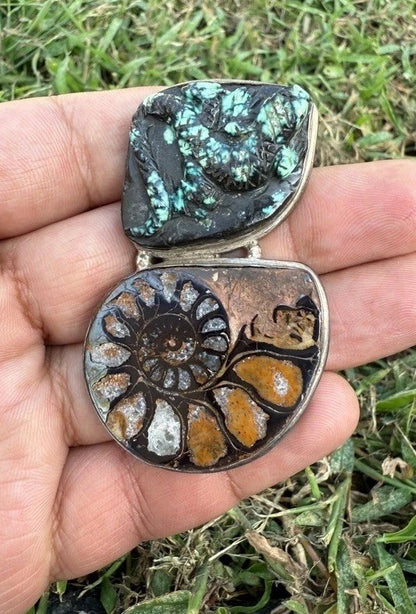 Southwestern Style Sterling Silver Pendant W Ammonite Fossil & Carved Turquoise0