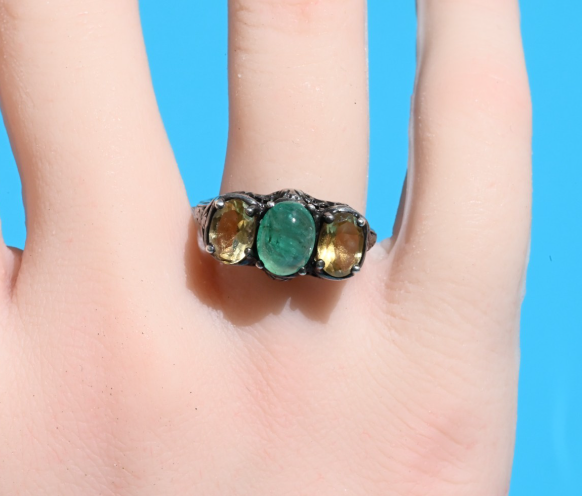 Antique Victorian / Art Deco 925 Sterling Silver Filigree w Natural Emerald Ring2