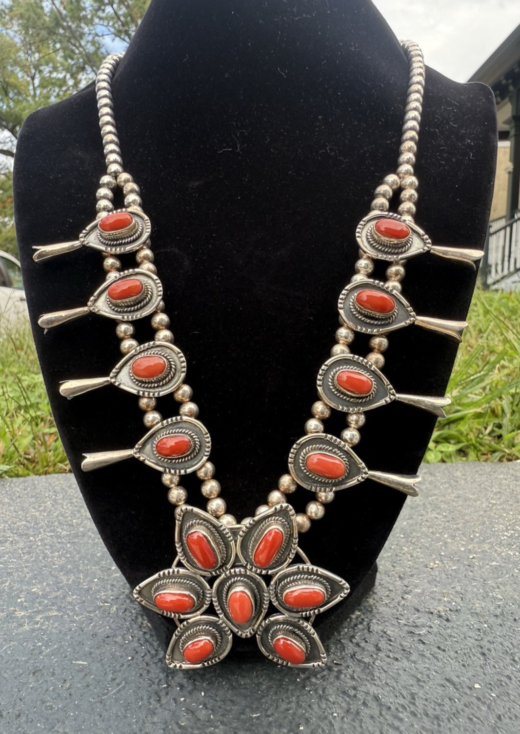 Gorgeous Native American Sterling Silver Squash Blossom Necklace with Red Coral0