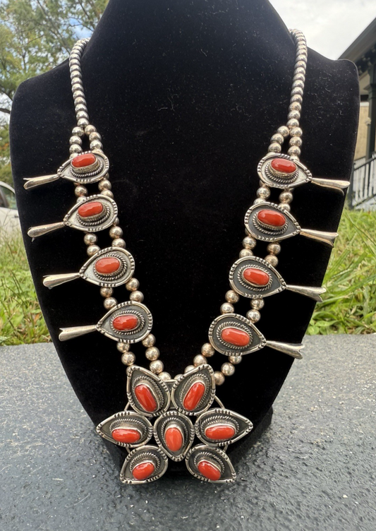 Gorgeous Native American Sterling Silver Squash Blossom Necklace with Red Coral0
