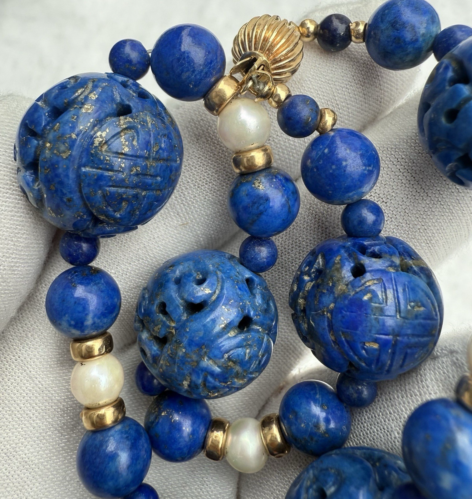 Stunning Chinese Carved Shou Royal Blue Lapiz Lazuli & 14k Beaded Necklace7