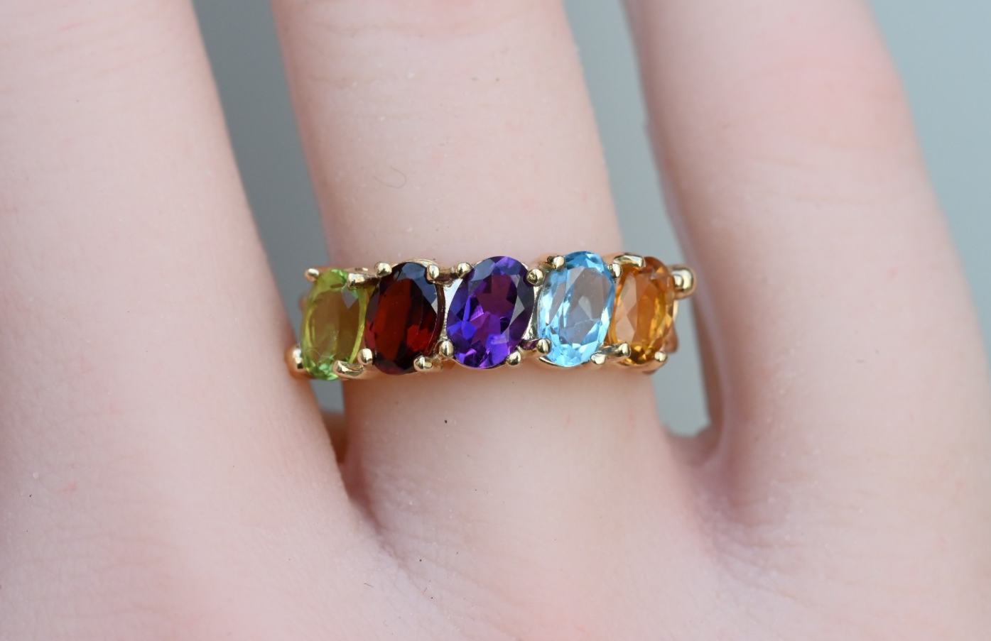 Rainbow Semi-Precious Gemstone Ring with Half Eternity Band in 10K Yellow Gold0