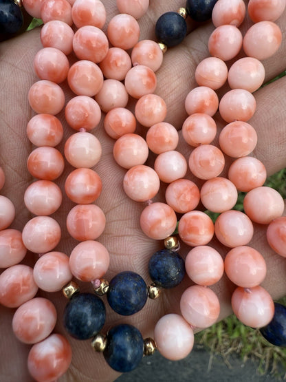 Beautiful White Angel Skin Coral & Lapis Beaded Necklace with 14K Gold Spacers4