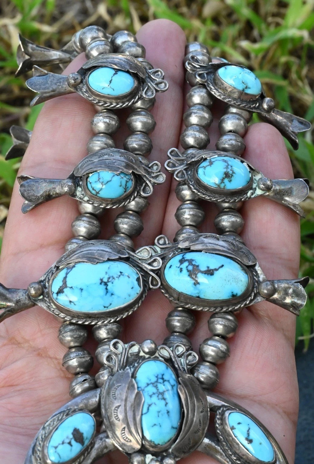 Early Native American Blue Turquoise & Sterling Silver Squash Blossom Necklace9