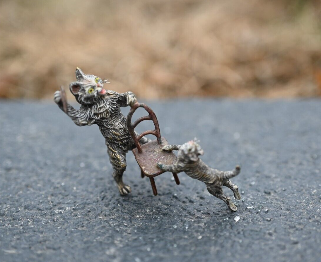 Amusing Antique Cold Painted Austrian Vienna Bronze Figure of Kitten in Trouble2